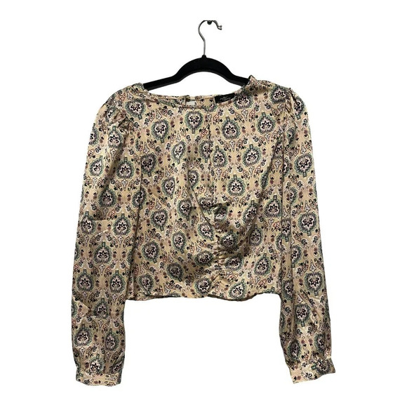 Milk & Honey Long Sleeve Cropped Blouse 70s Style Zipper Side Size M Floral - Picture 1 of 5